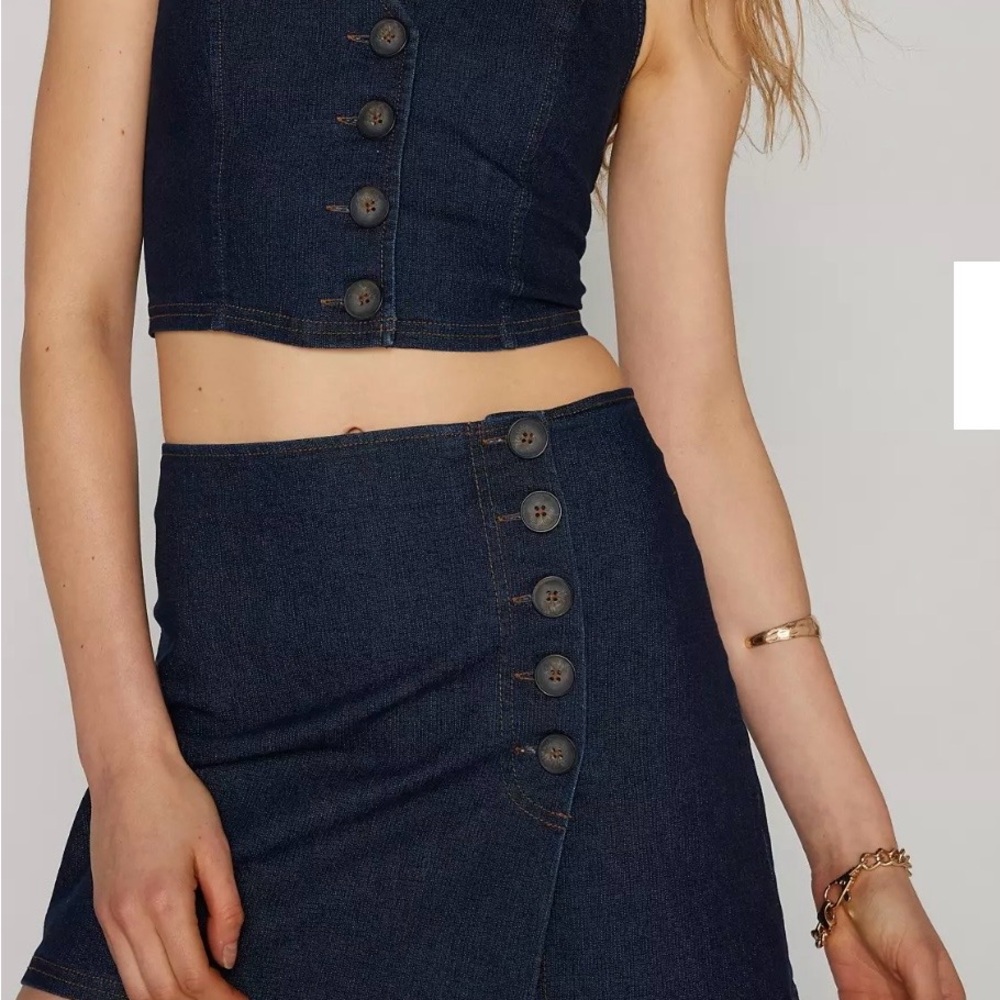 Urban Outfitters Dark Denim Button Front Crop Top & Skirt Set